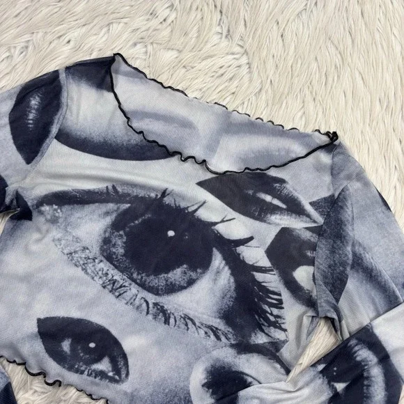 Unbranded Women's S Eye Face Print Cropped Mesh Top Lettuce Edge Artsy E-Girl - Picture 3 of 4